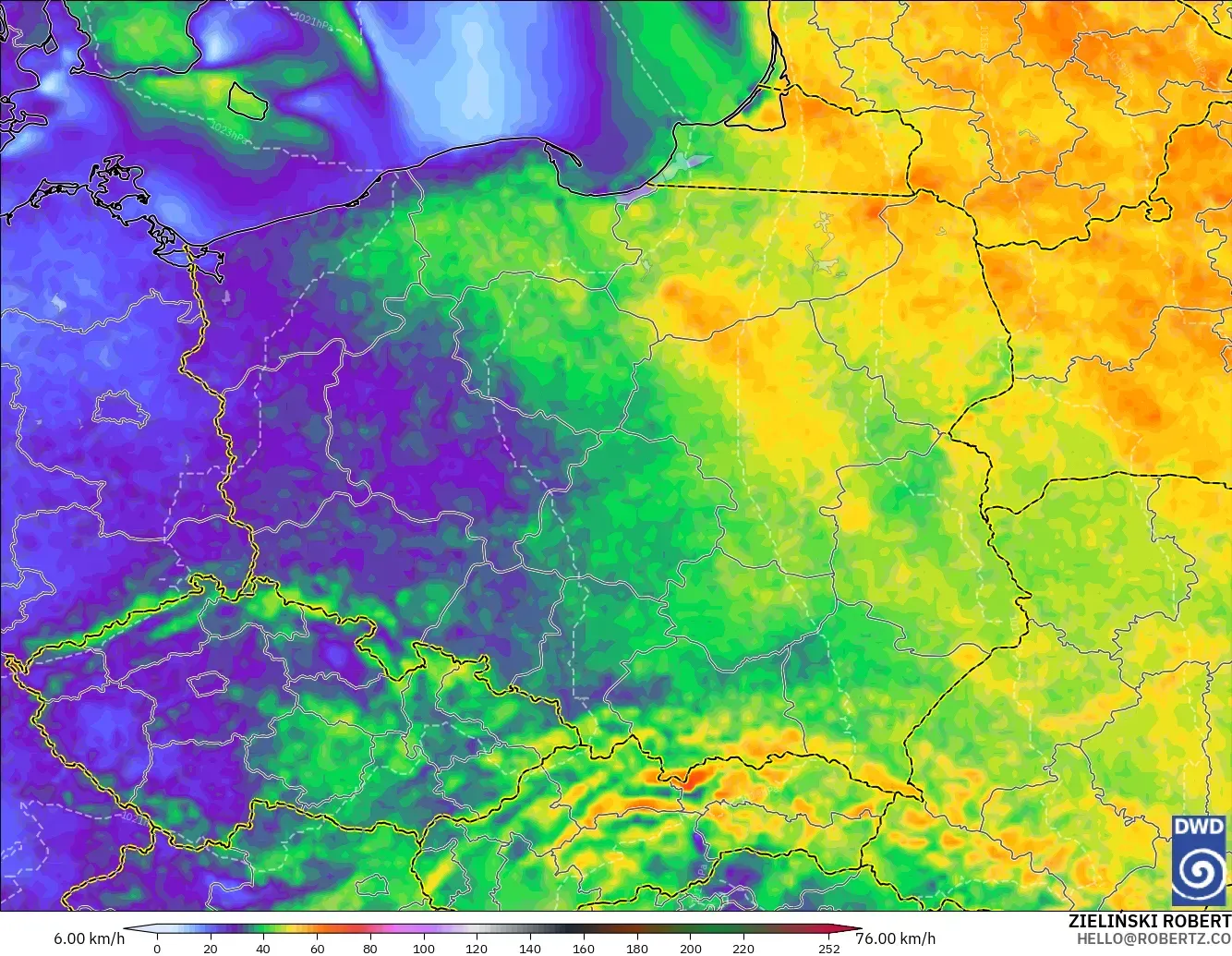 ICON modelo - Polonia, Ráfagas de Viento Máximas