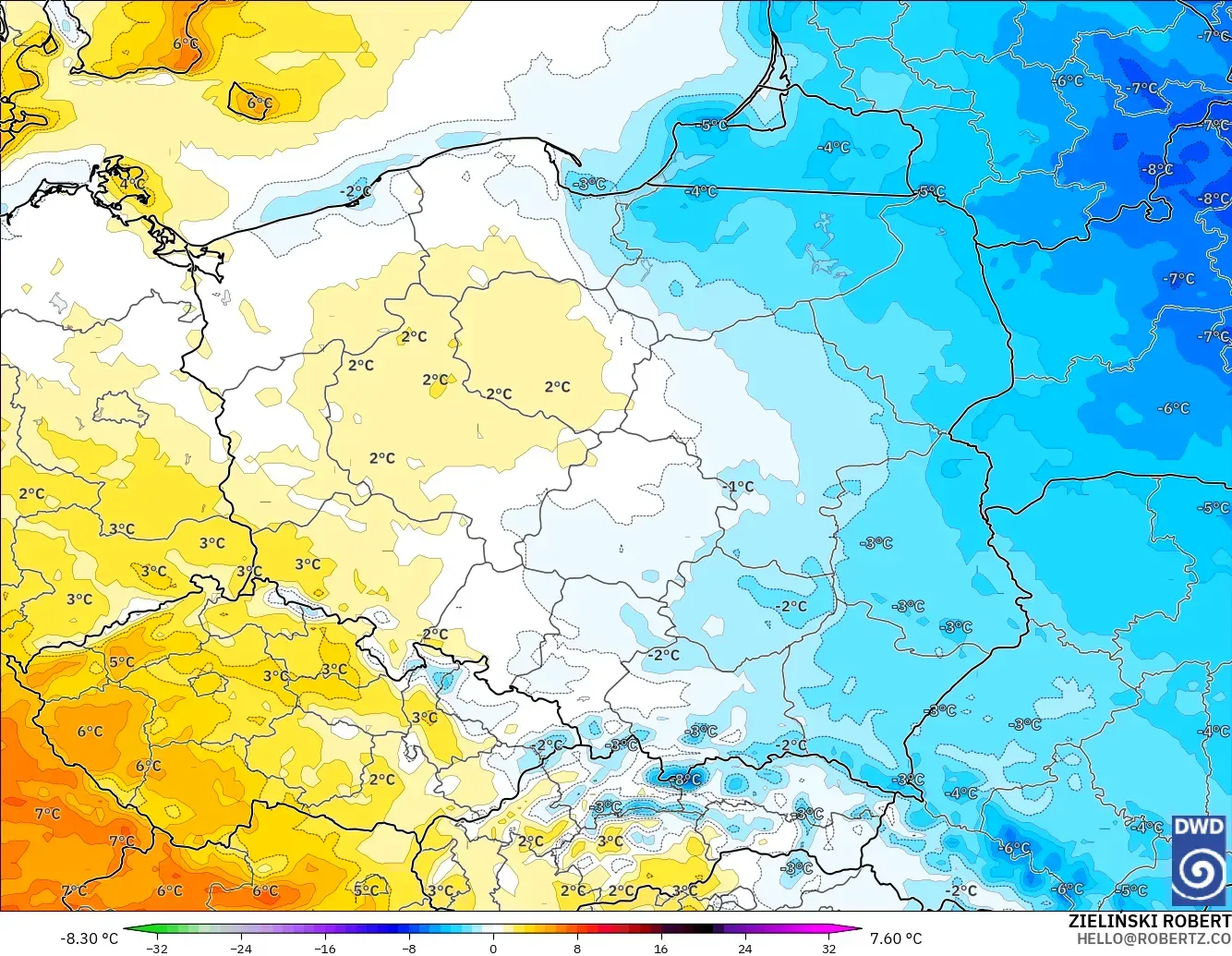 ICON modelo - Polonia, Anomalía de temperatura a 2 m