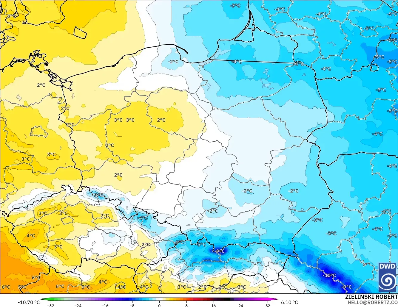 ICON modelo - Polonia, Anomalía de temperatura a 850 hPa