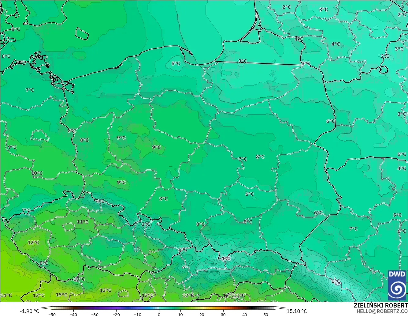 ICON modelo - Polonia, Temperatura a 850 hPa