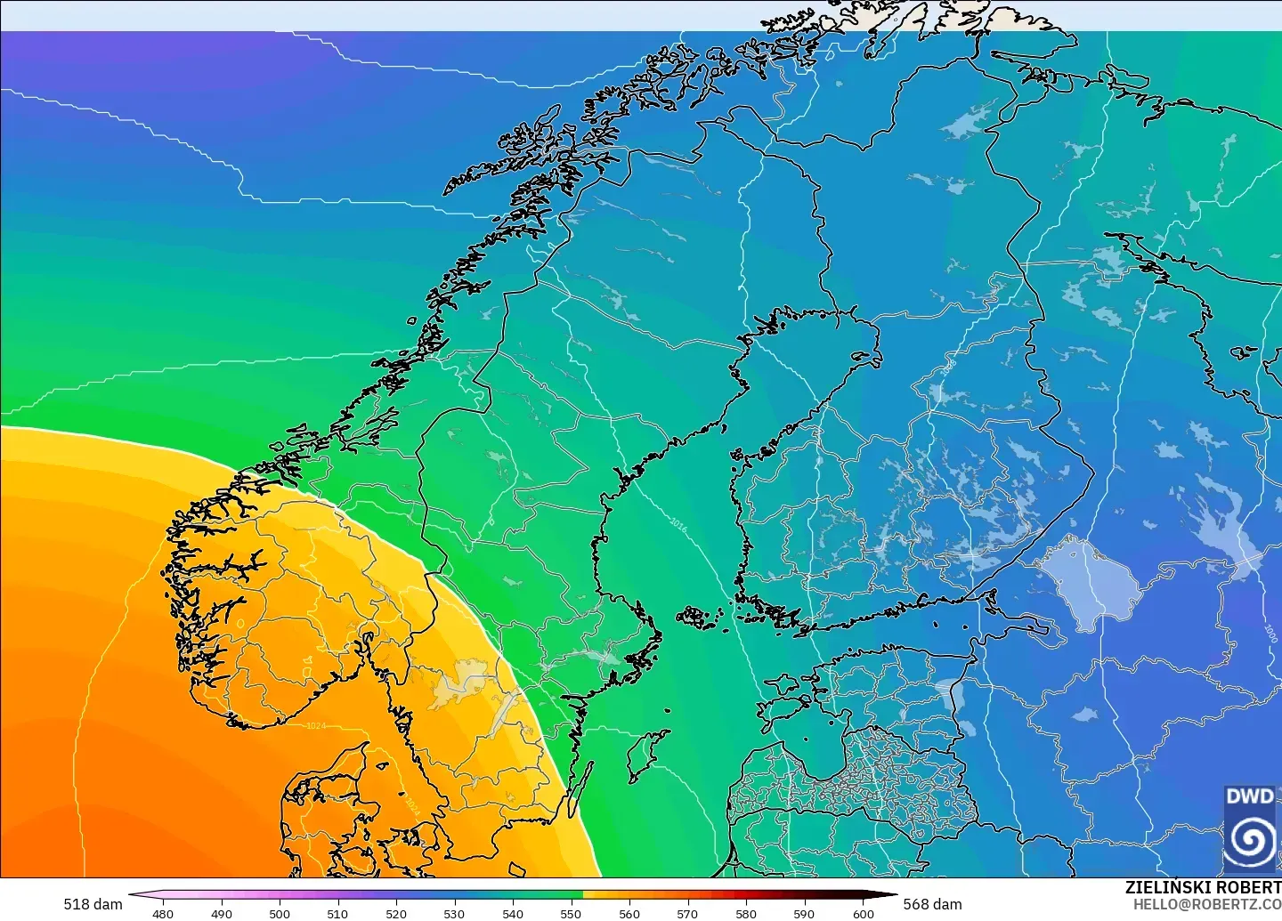 ICON modelo - Escandinavia, Altura geopotencial a 500 hPa