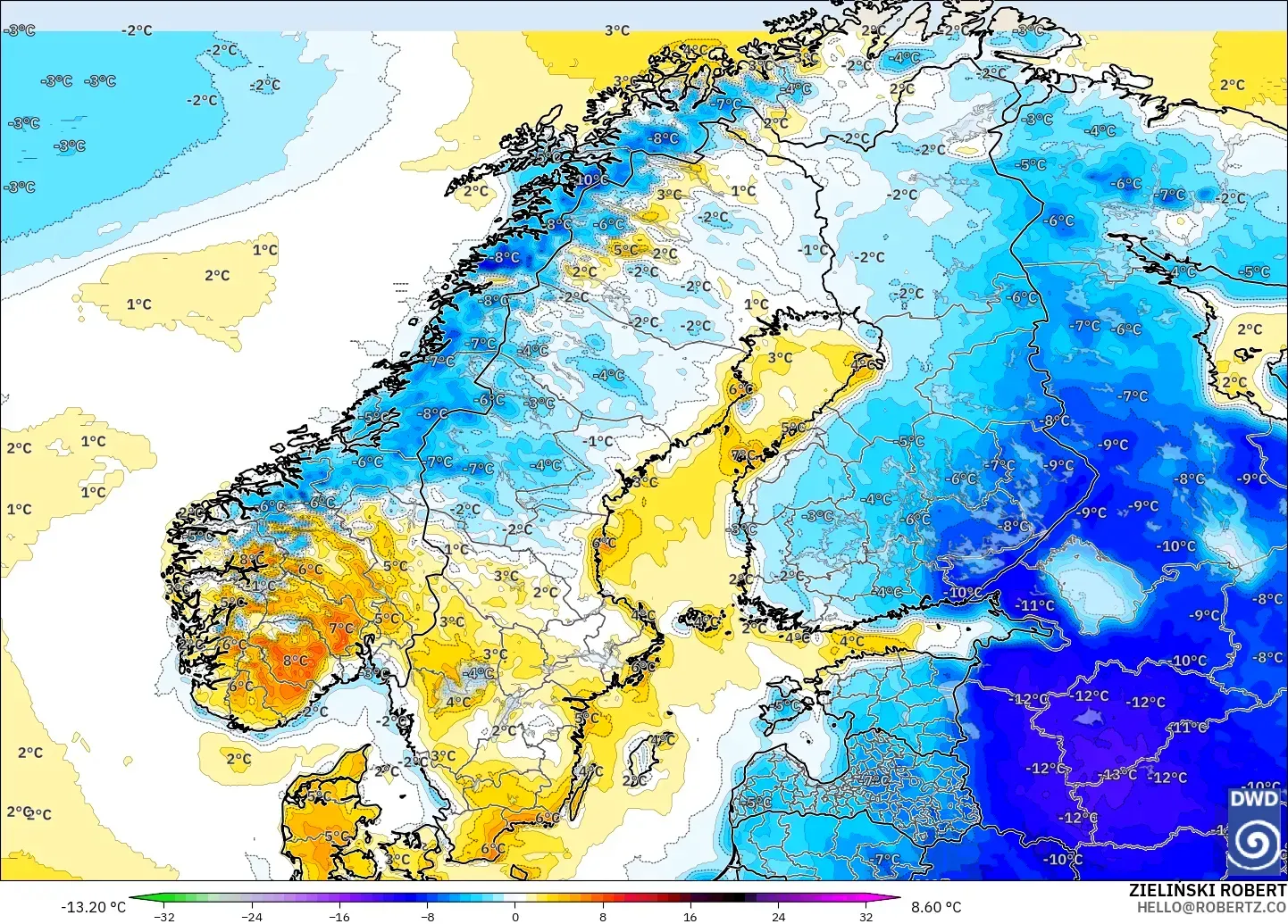 ICON modelo - Escandinavia, Anomalía de temperatura a 2 m
