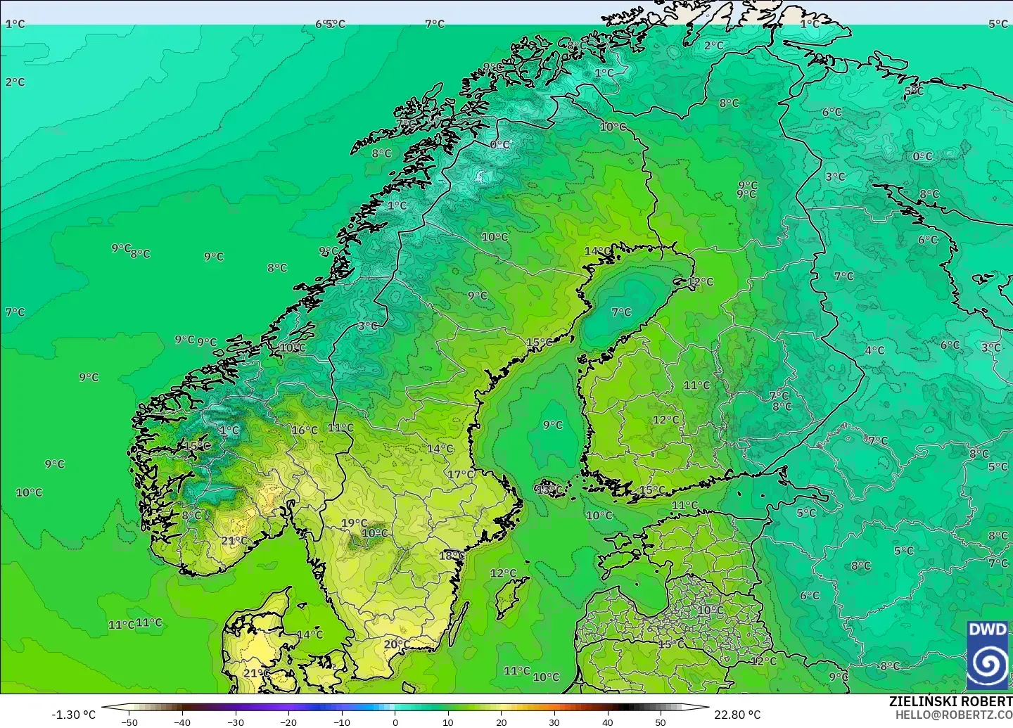 ICON modelo - Escandinavia, Temperatura a 2 m