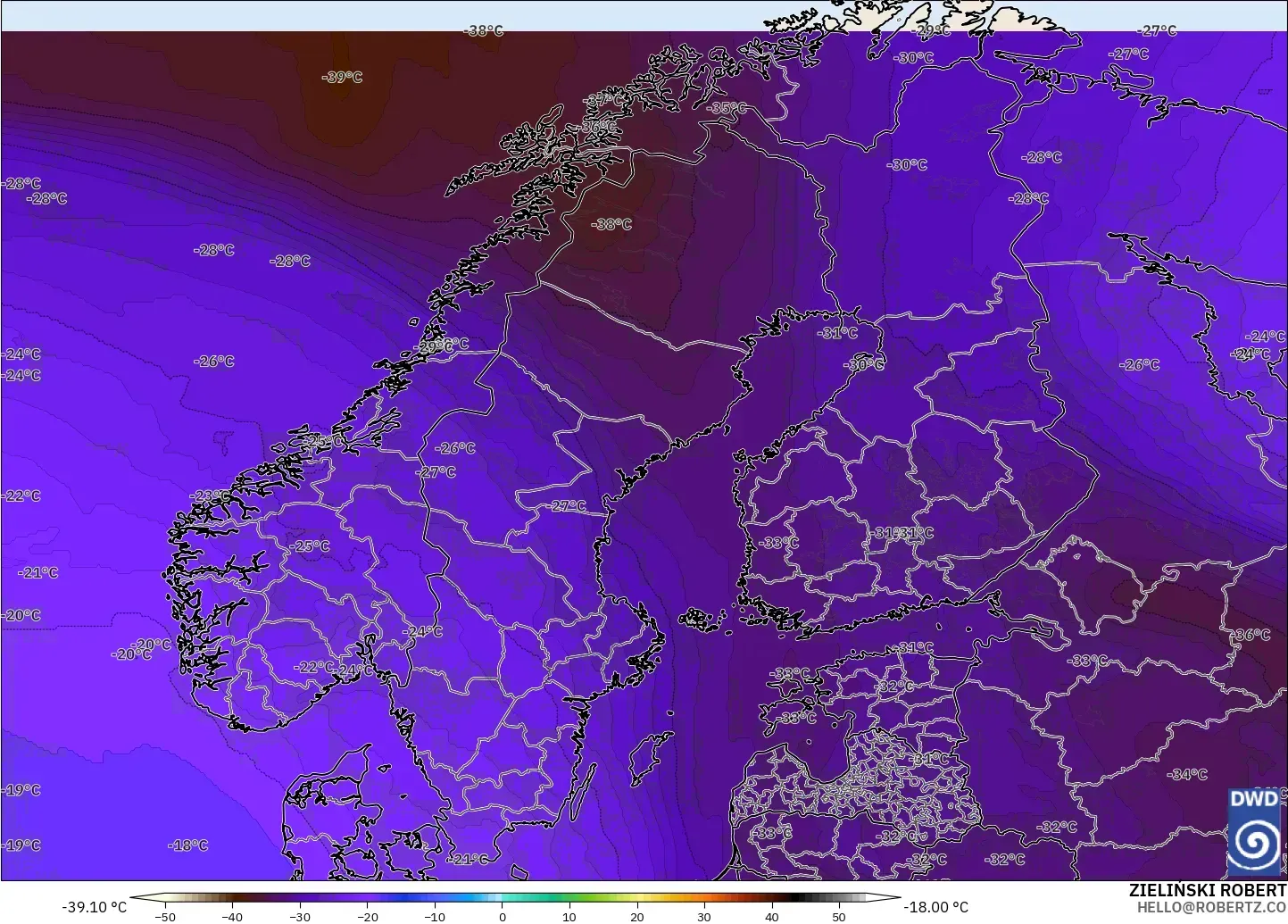 ICON modelo - Escandinavia, Temperatura a 500 hPa