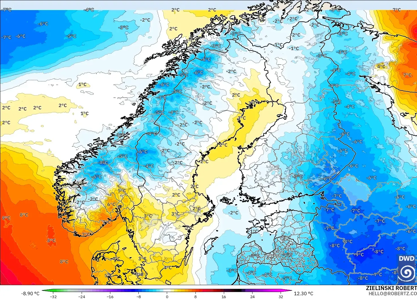 ICON modelo - Escandinavia, Anomalía de temperatura a 850 hPa
