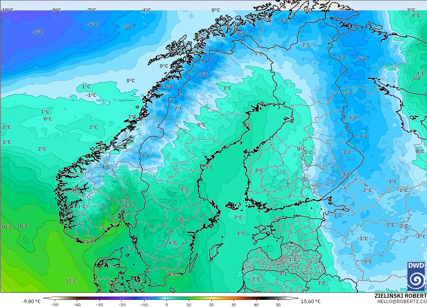 ICON modelo - Escandinavia, Temperatura a 850 hPa