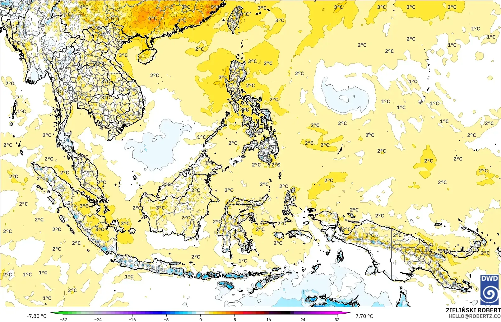 ICON modelo - Sudeste Asiático, Anomalía de temperatura a 2 m
