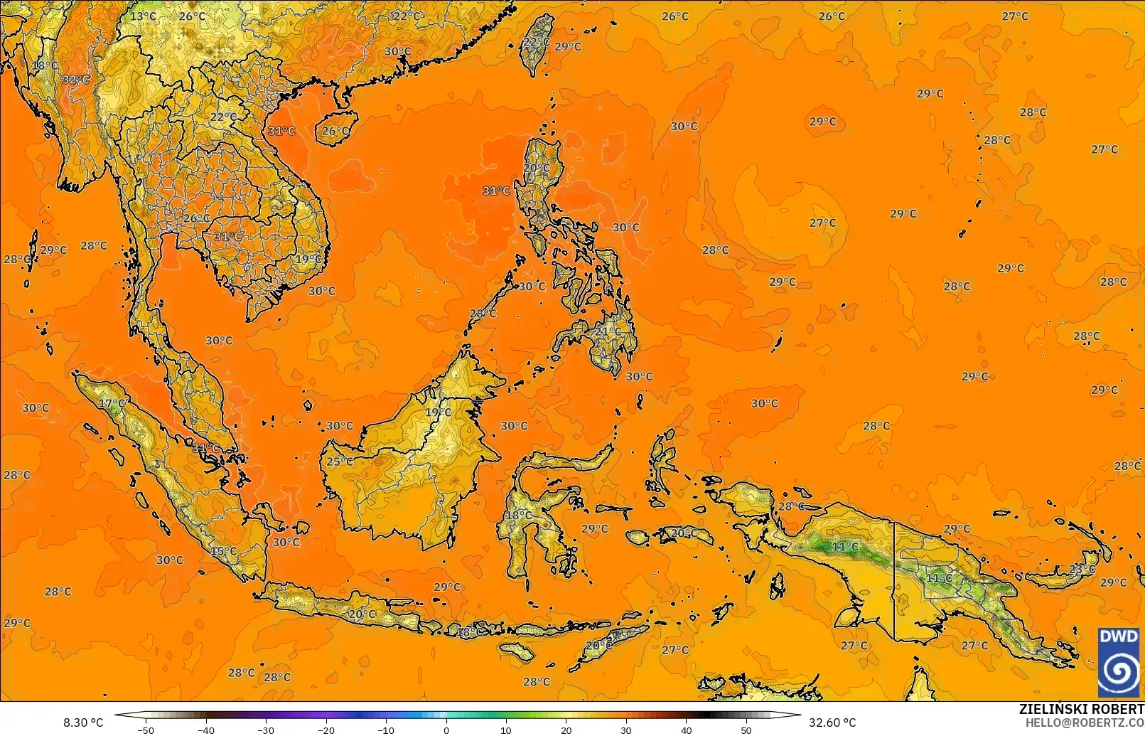 ICON modelo - Sudeste Asiático, Temperatura a 2 m