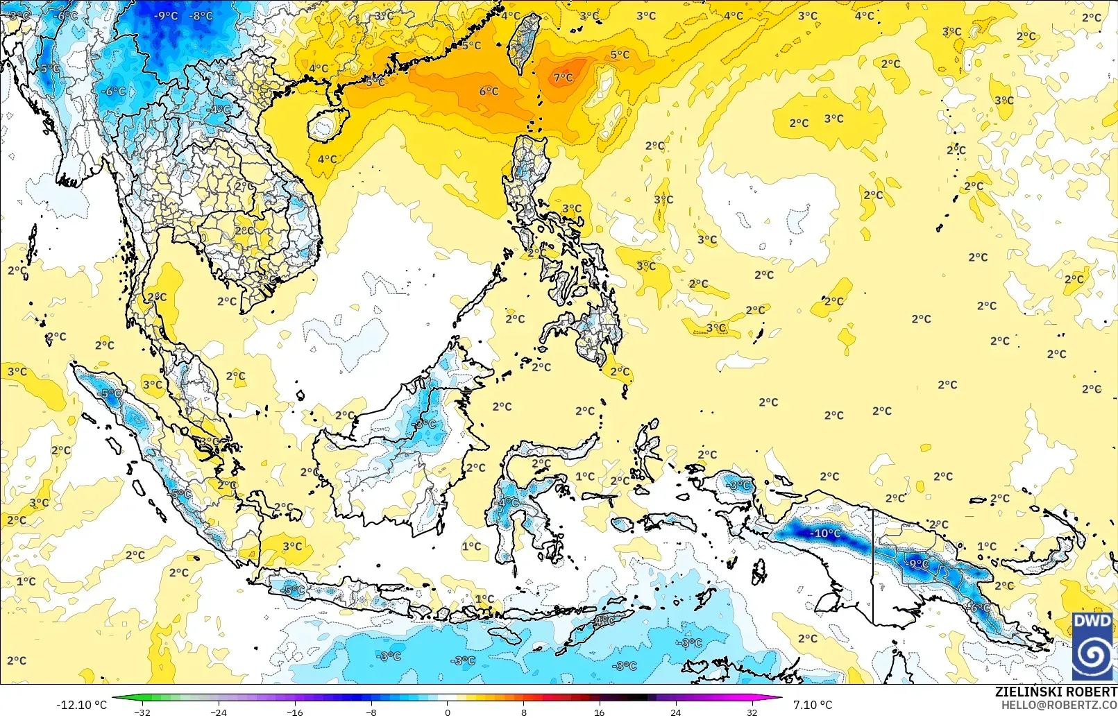 ICON modelo - Sudeste Asiático, Anomalía de temperatura a 850 hPa