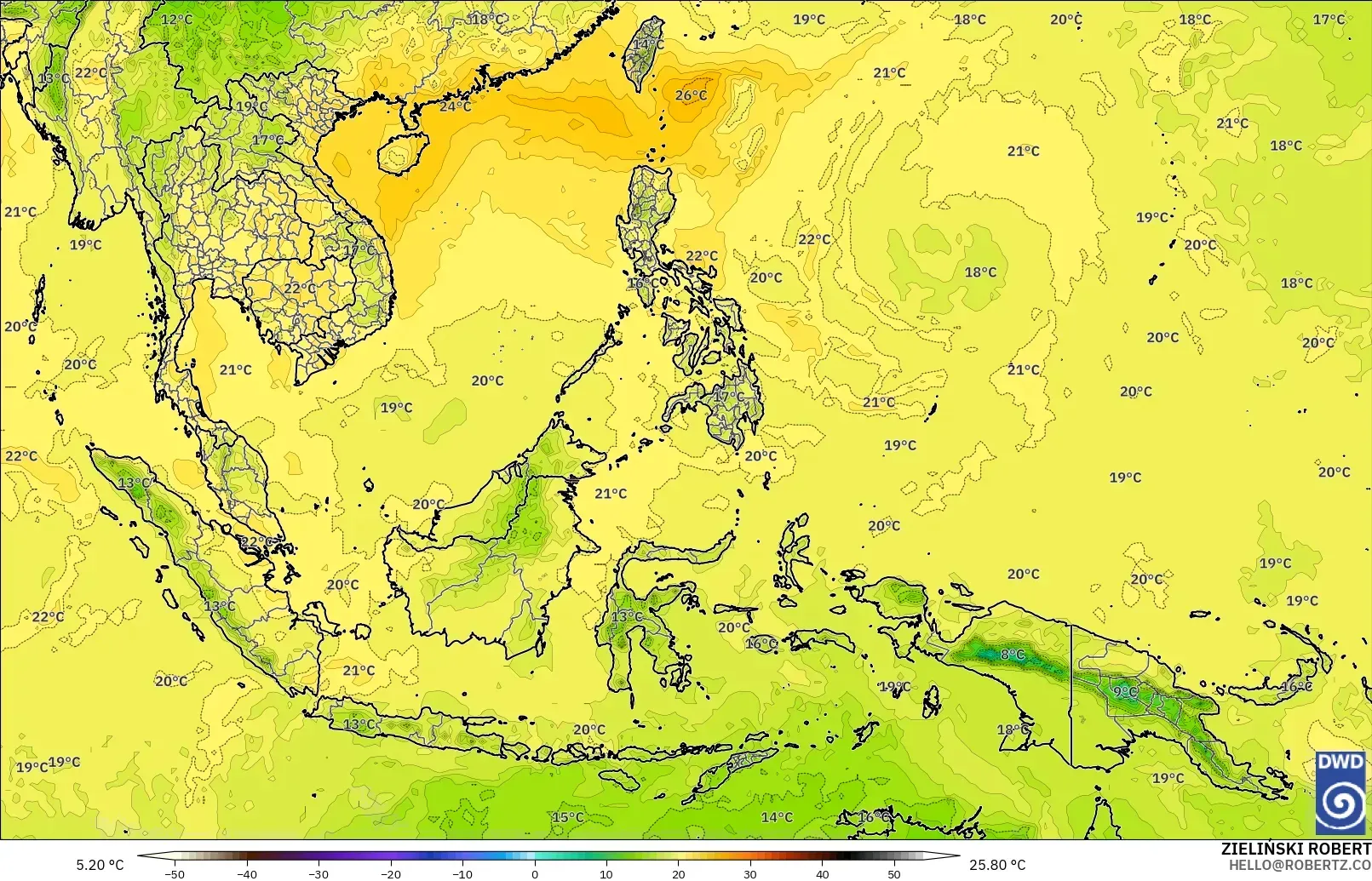 ICON modelo - Sudeste Asiático, Temperatura a 850 hPa