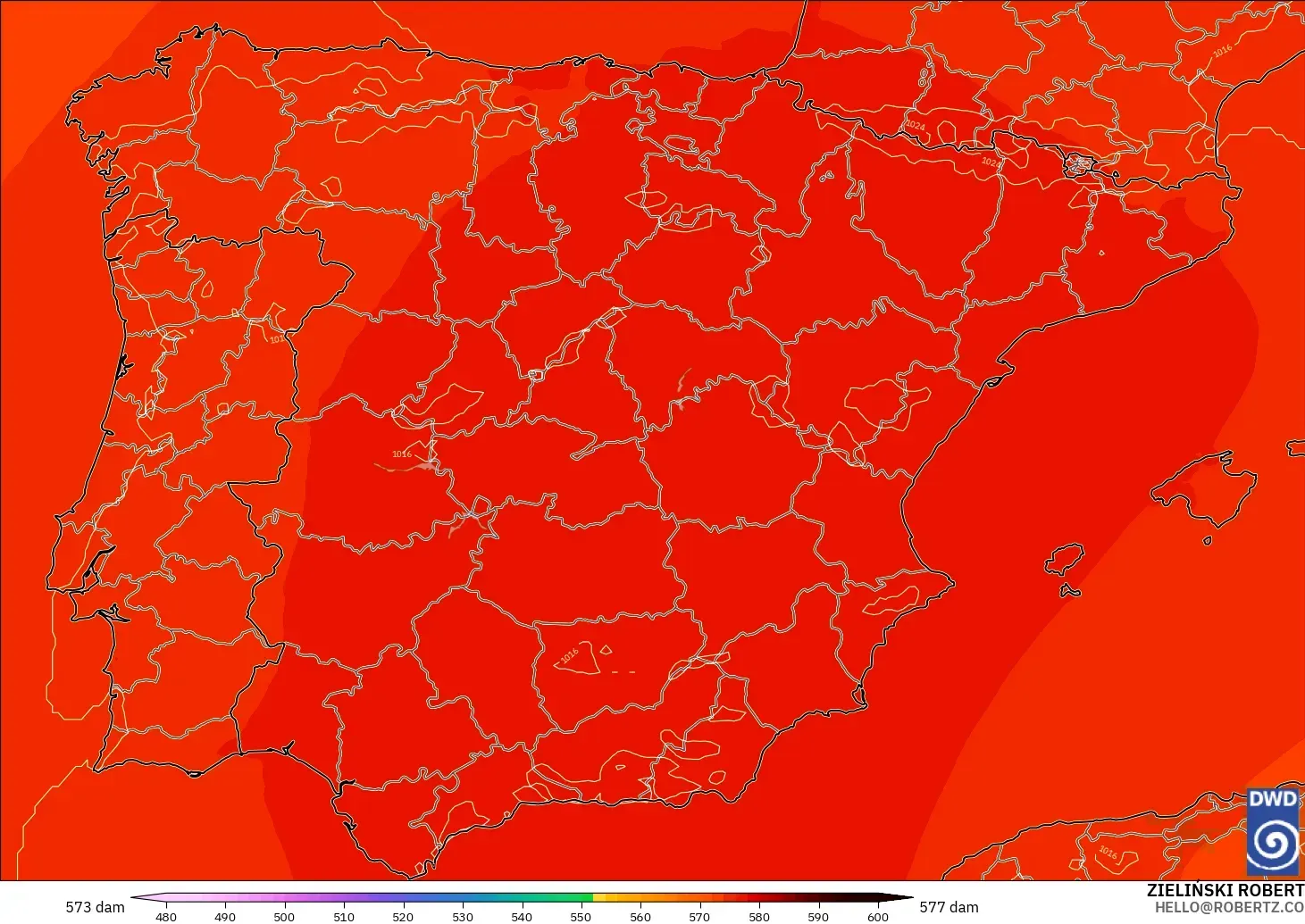 ICON modelo - España, Altura geopotencial a 500 hPa