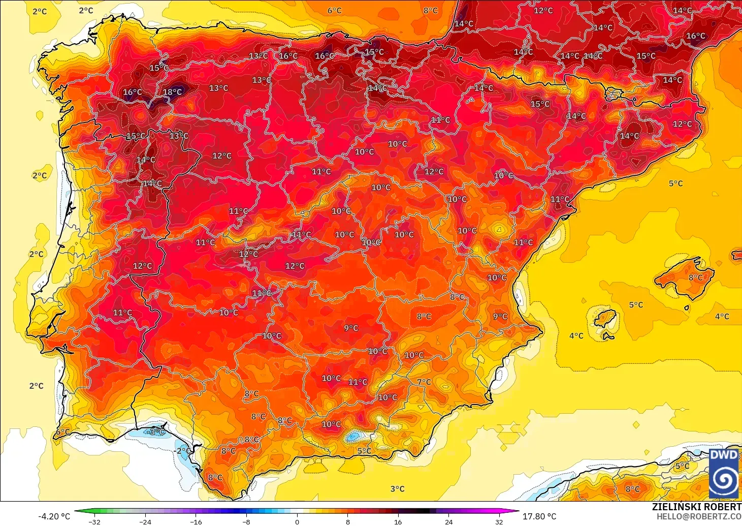 ICON modelo - España, Anomalía de temperatura a 2 m