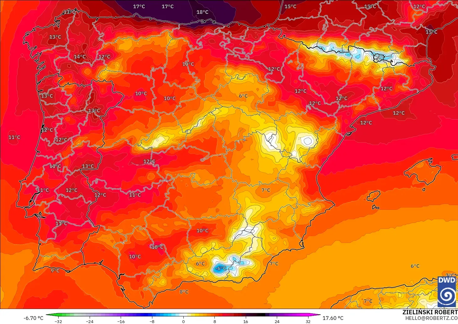 ICON modelo - España, Anomalía de temperatura a 850 hPa