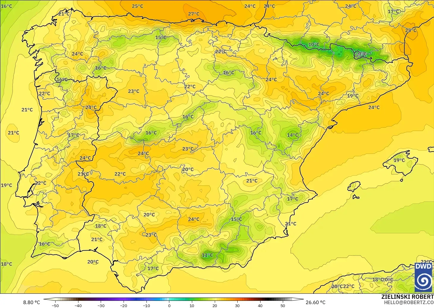 ICON modelo - España, Temperatura a 850 hPa
