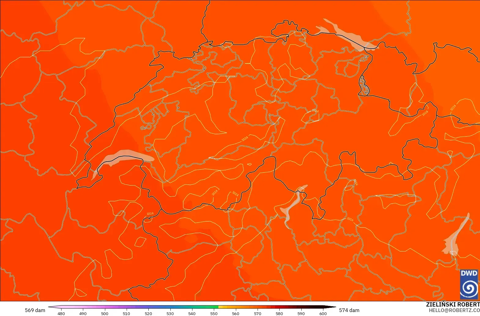 ICON modelo - Suiza, Altura geopotencial a 500 hPa