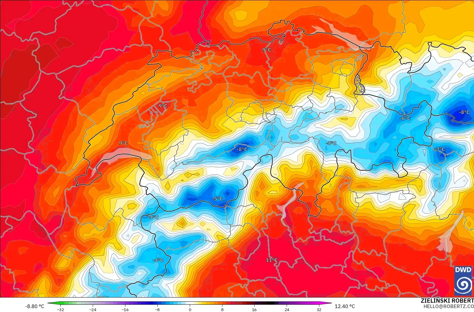 ICON modelo - Suiza, Anomalía de temperatura a 850 hPa