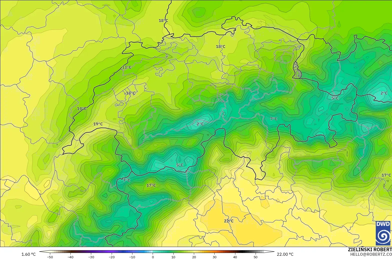 ICON modelo - Suiza, Temperatura a 850 hPa
