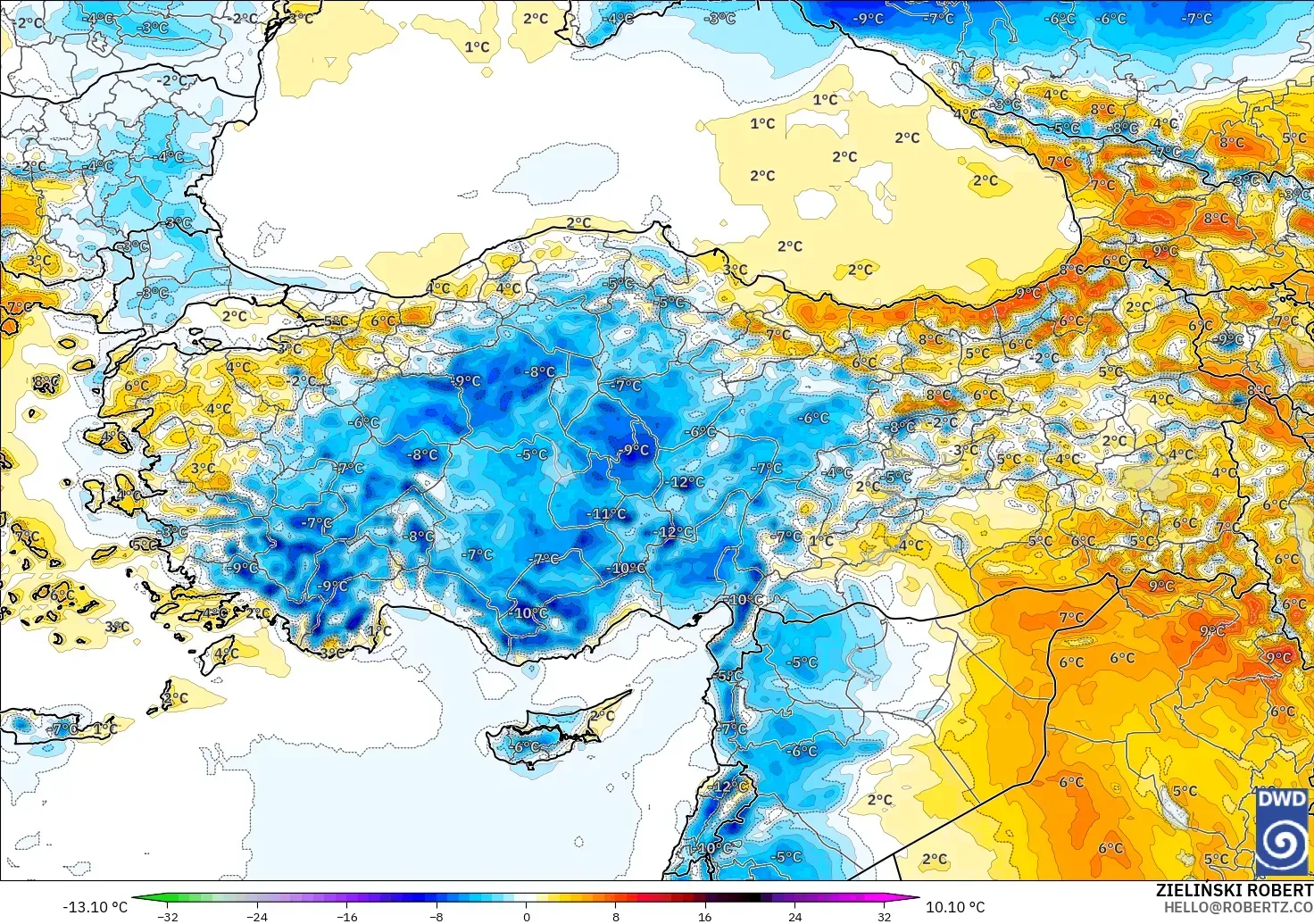 ICON modelo - Turquía, Anomalía de temperatura a 2 m