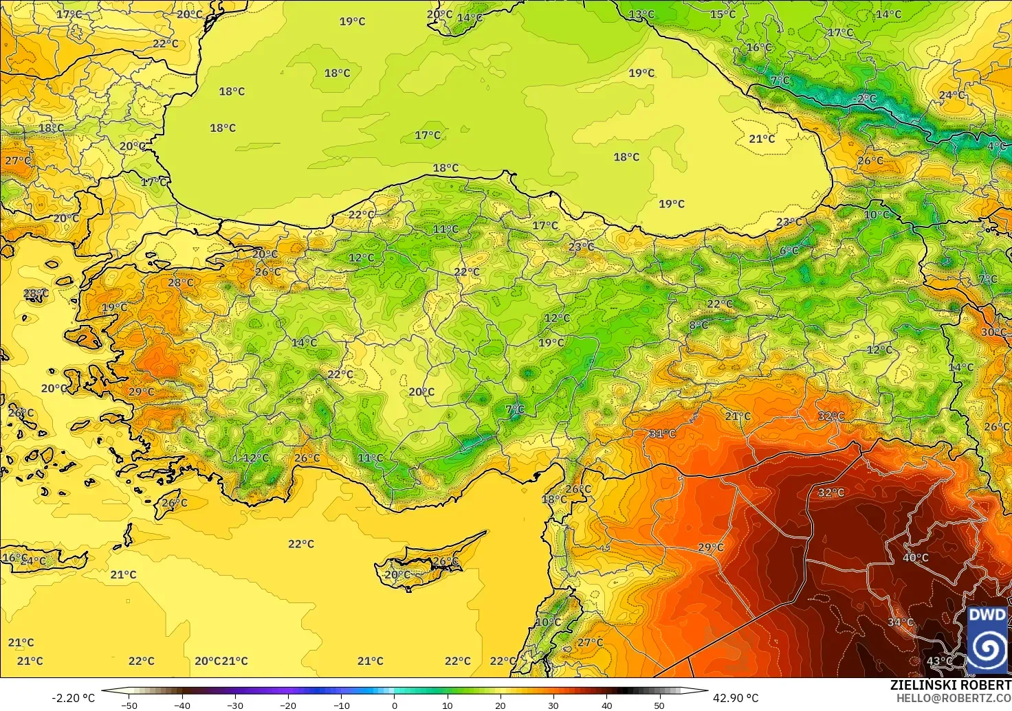 ICON modelo - Turquía, Temperatura a 2 m