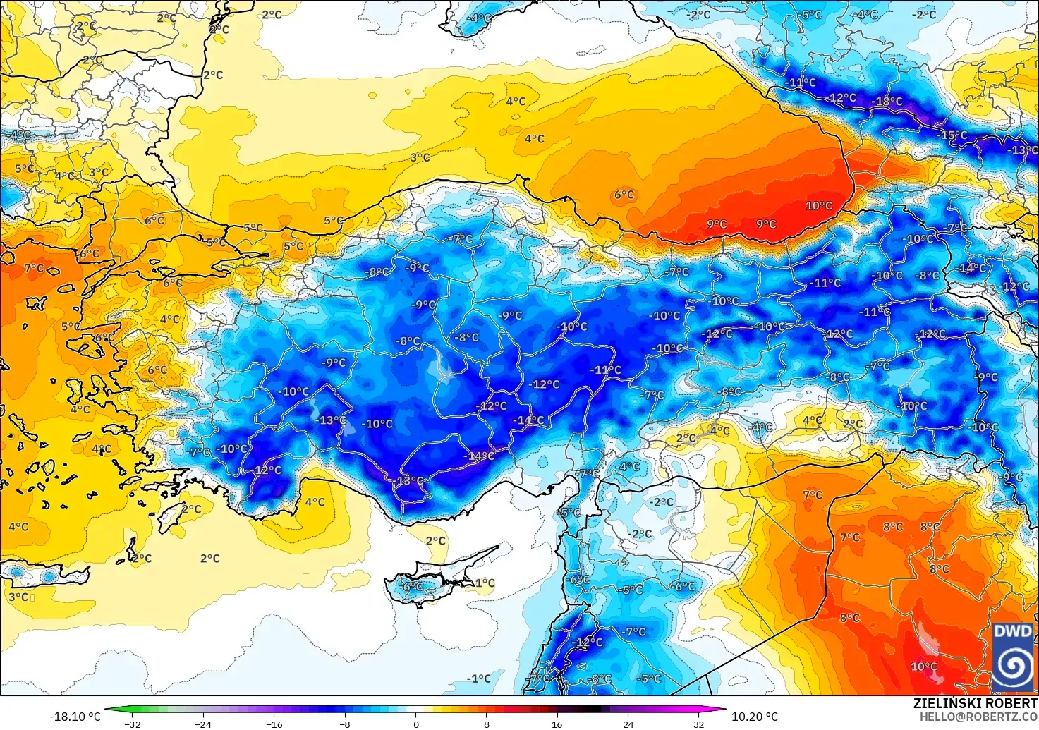 ICON modelo - Turquía, Anomalía de temperatura a 850 hPa
