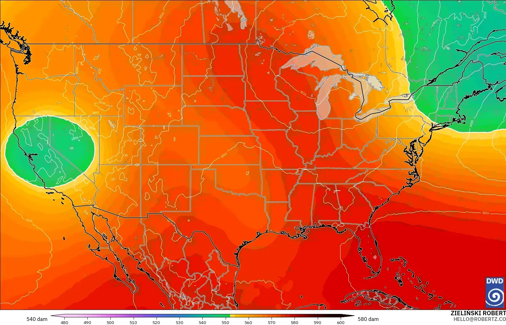 ICON modelo - Estados Unidos, Altura geopotencial a 500 hPa