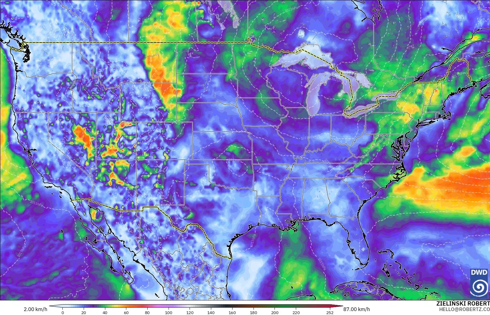 ICON modelo - Estados Unidos, Ráfagas de Viento Máximas