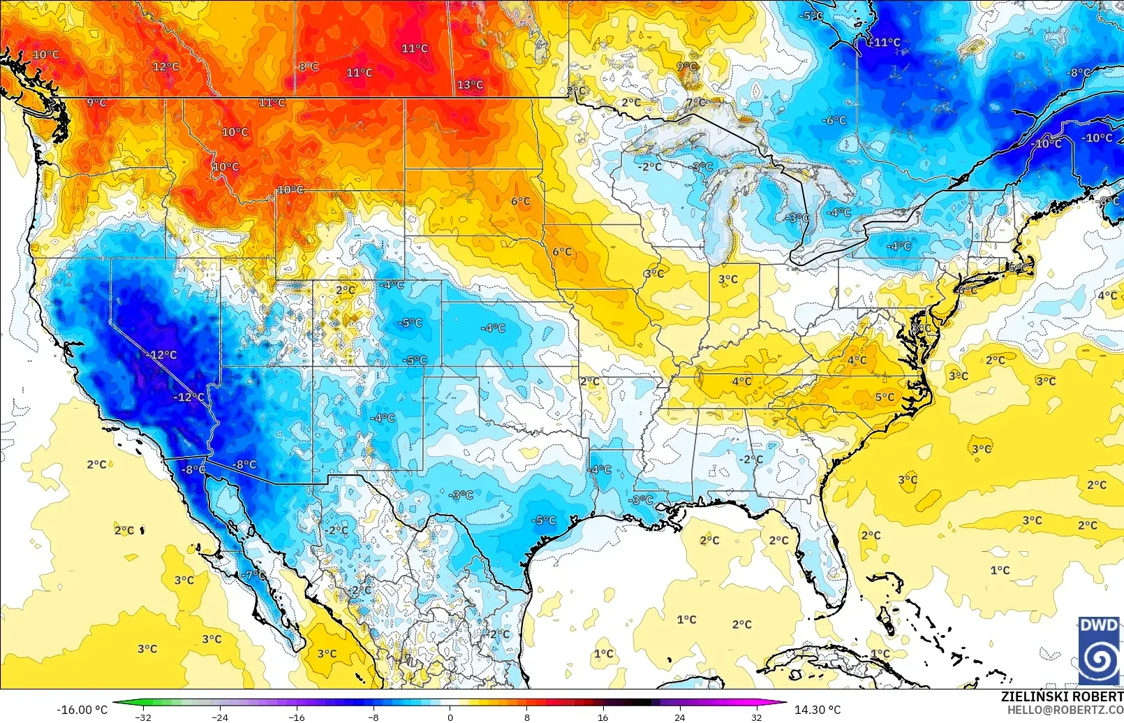 ICON modelo - Estados Unidos, Anomalía de temperatura a 2 m