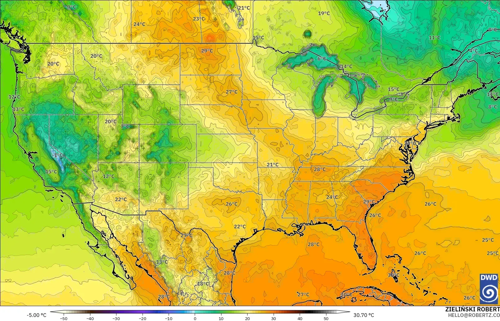 ICON modelo - Estados Unidos, Temperatura a 2 m