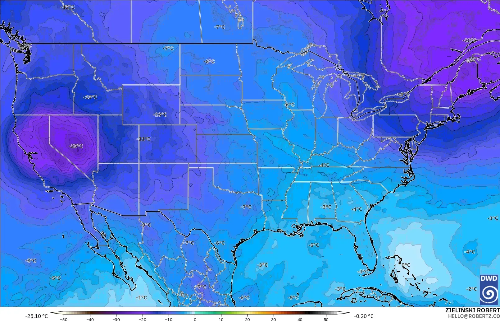 ICON modelo - Estados Unidos, Temperatura a 500 hPa