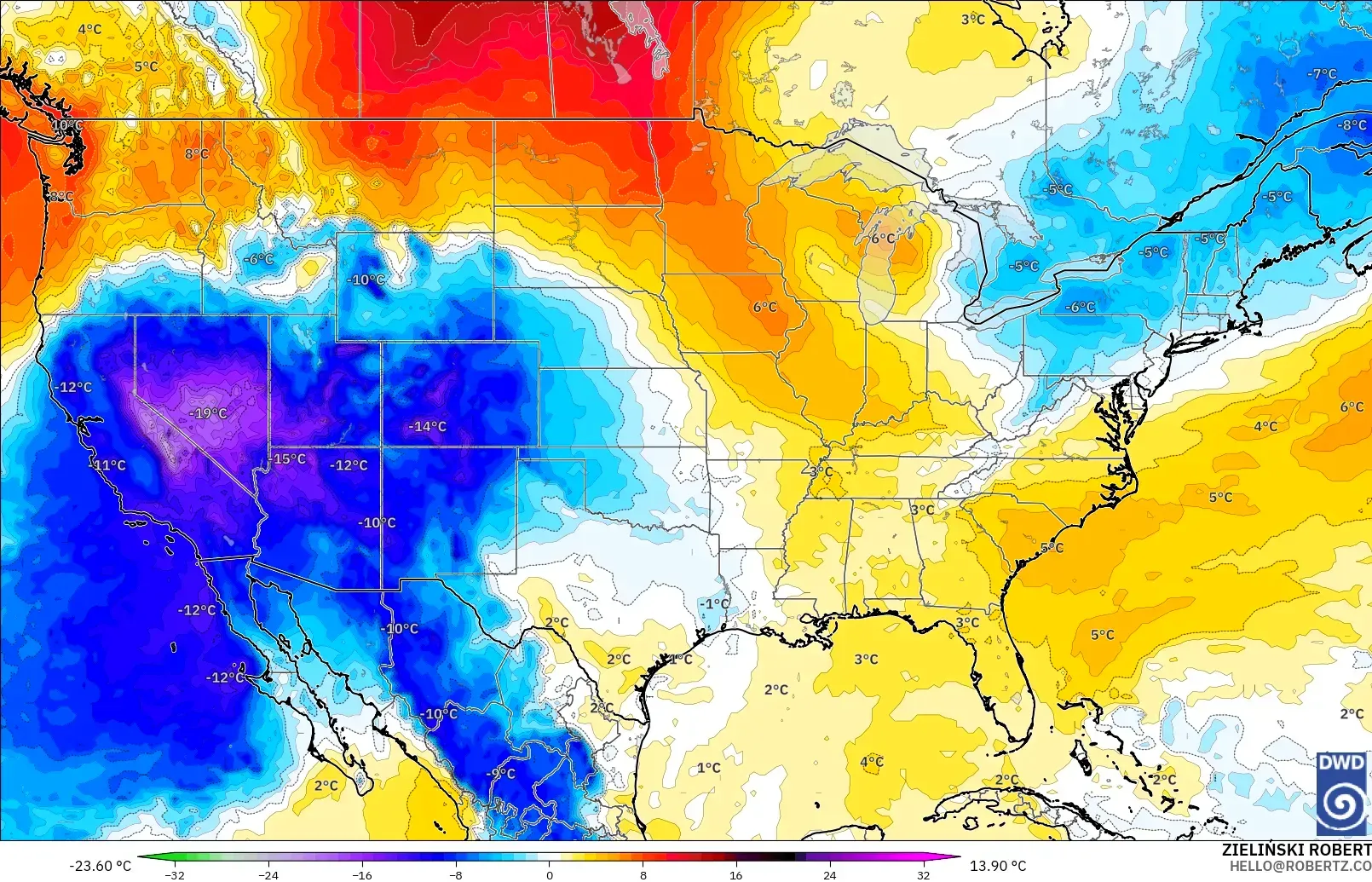 ICON modelo - Estados Unidos, Anomalía de temperatura a 850 hPa