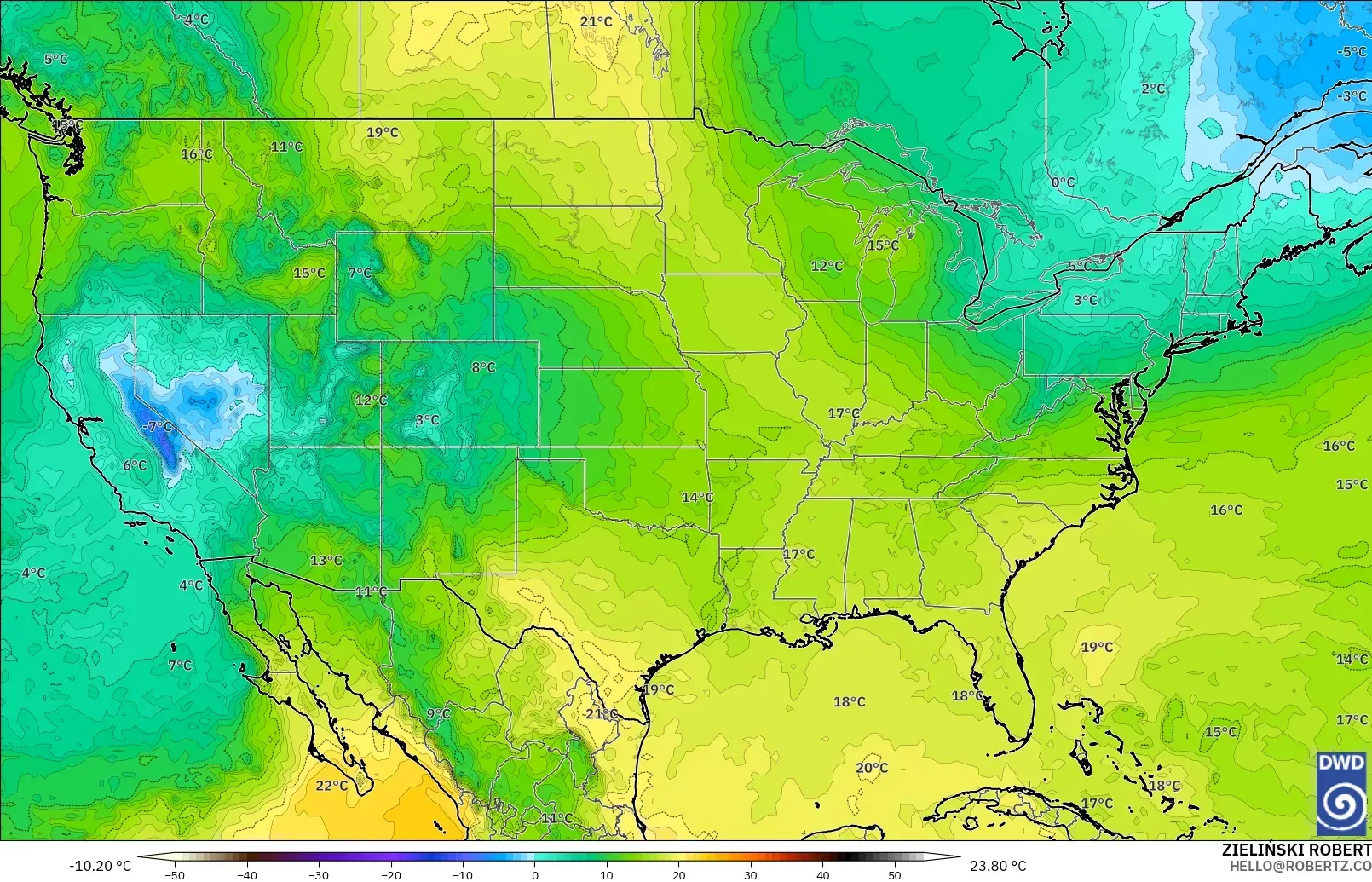 ICON modelo - Estados Unidos, Temperatura a 850 hPa