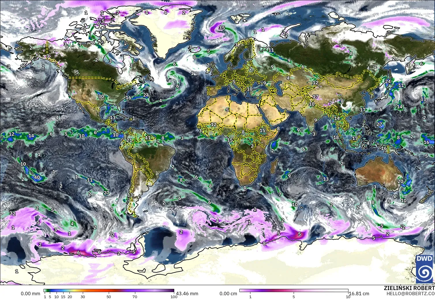 ICON modelo - Mundo, Precipitación, nubes y presión