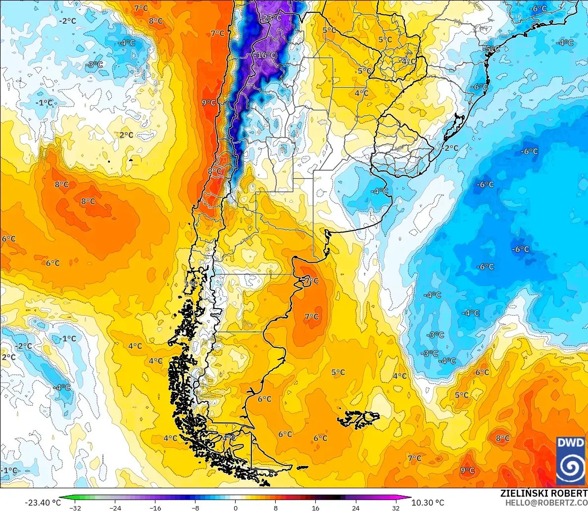 ICON modelo - Argentina, Anomalía de temperatura a 850 hPa