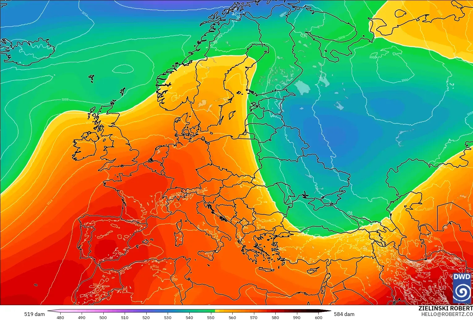 ICON modelo - Europa, Altura geopotencial a 500 hPa