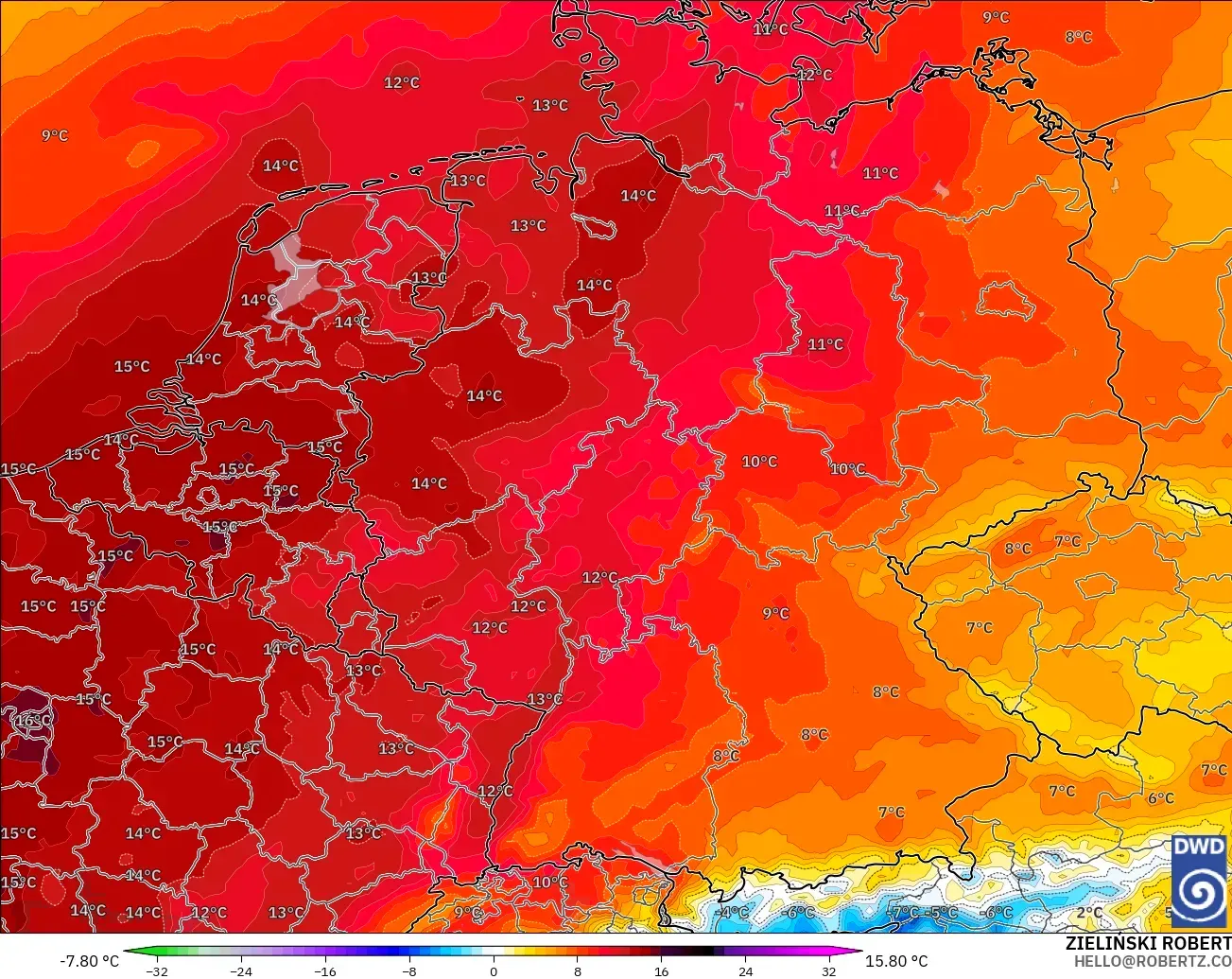 ICON modelo - Alemania, Anomalía de temperatura a 850 hPa