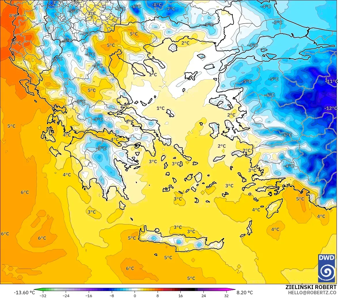 ICON modelo - Grecia, Anomalía de temperatura a 850 hPa