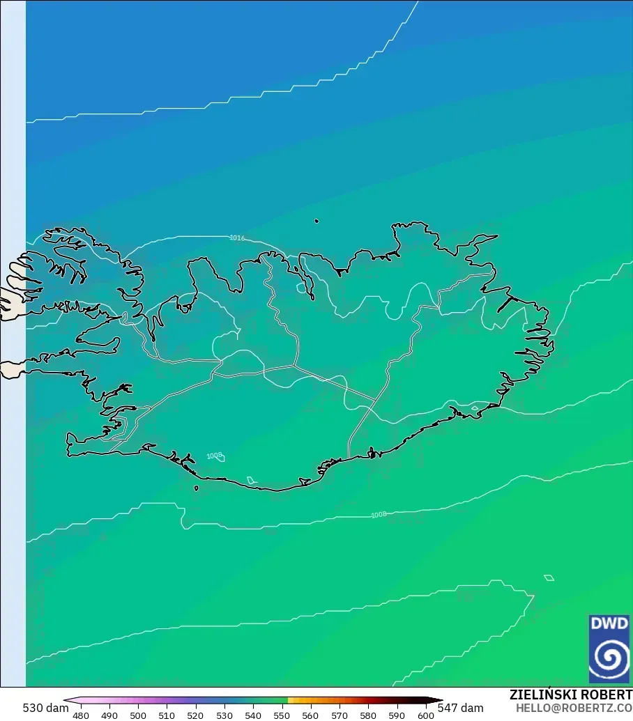 ICON modelo - Islandia, Altura geopotencial a 500 hPa