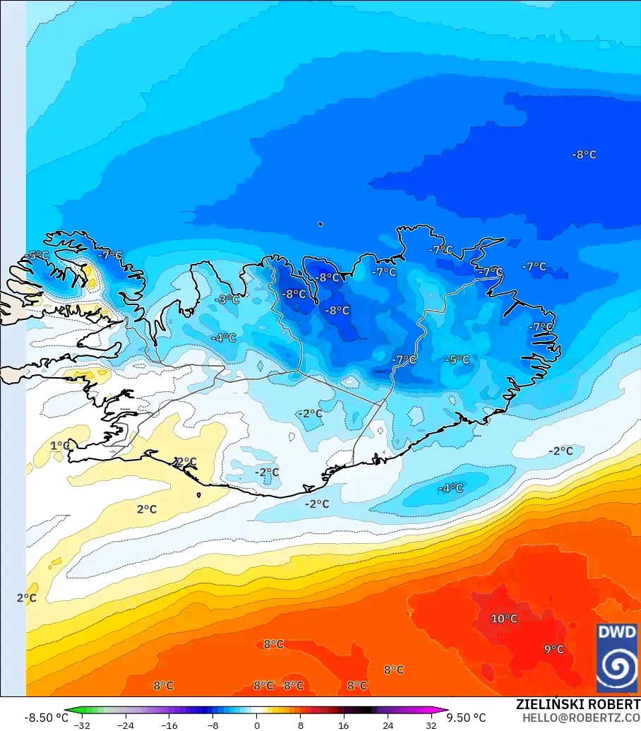 ICON modelo - Islandia, Anomalía de temperatura a 850 hPa