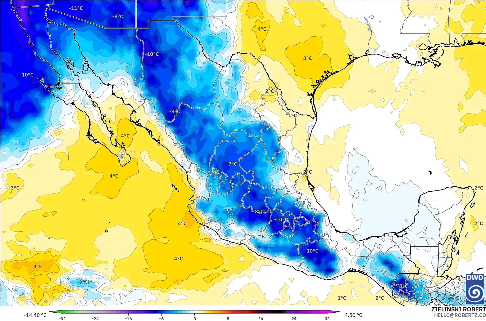 ICON modelo - México, Anomalía de temperatura a 850 hPa