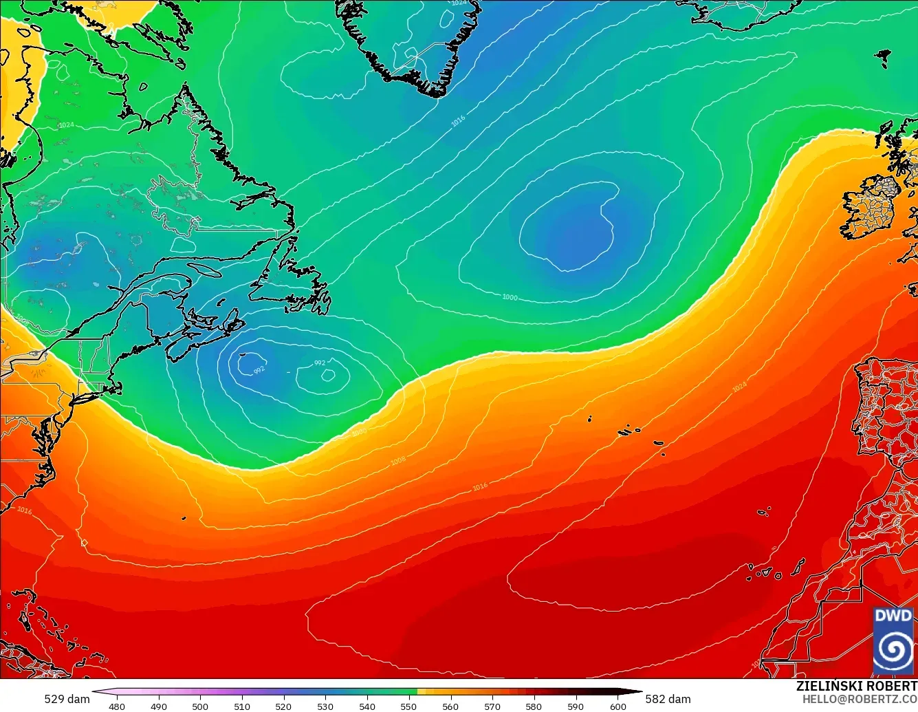 ICON modelo - Norte Atlántico, Altura geopotencial a 500 hPa