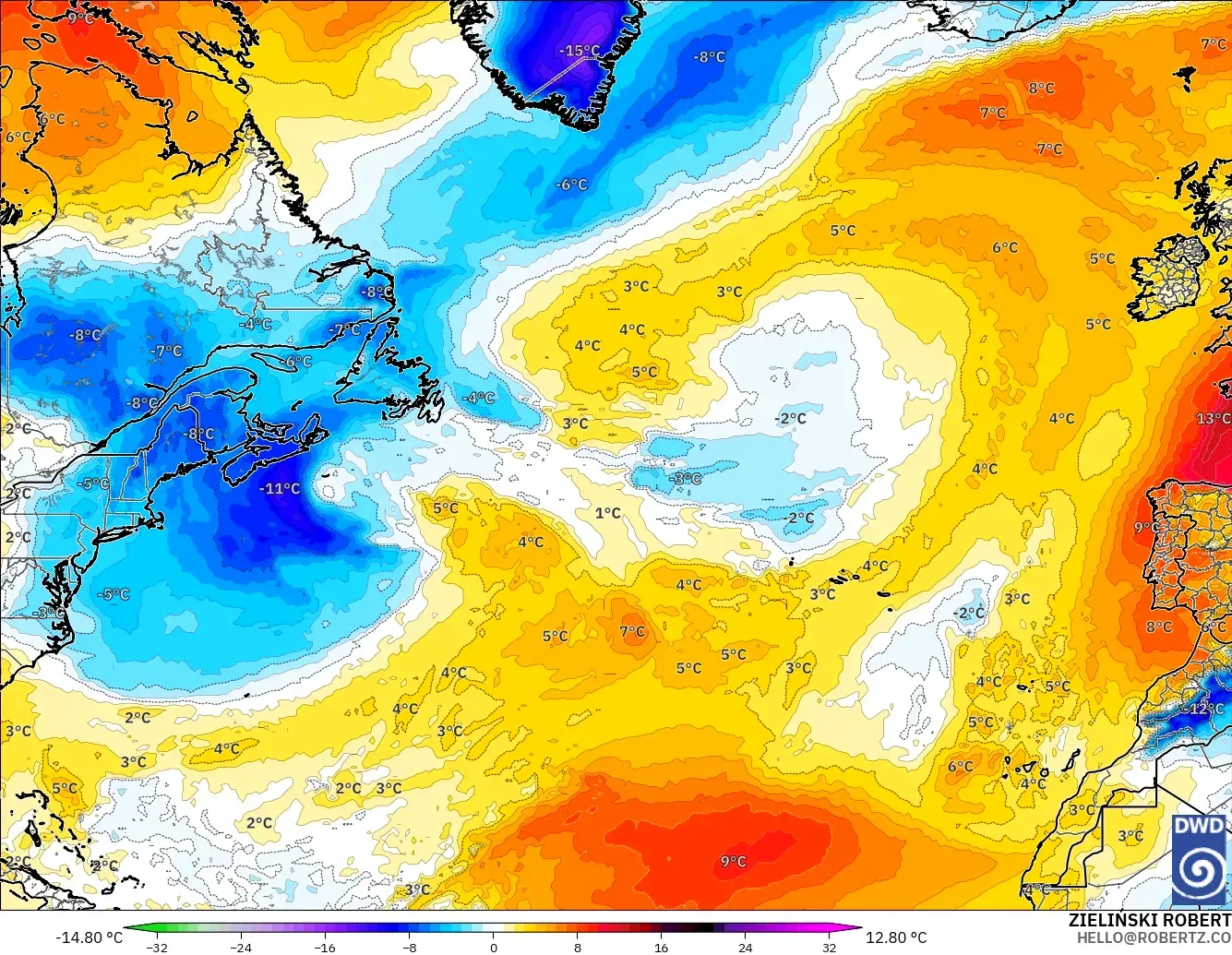 ICON modelo - Norte Atlántico, Anomalía de temperatura a 850 hPa