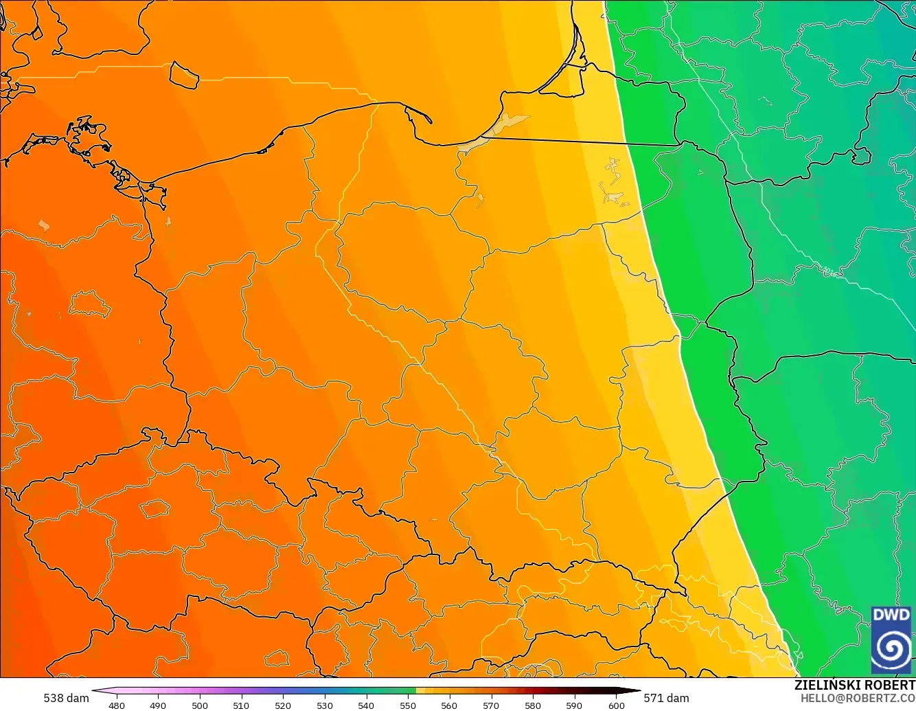 ICON modelo - Polonia, Altura geopotencial a 500 hPa