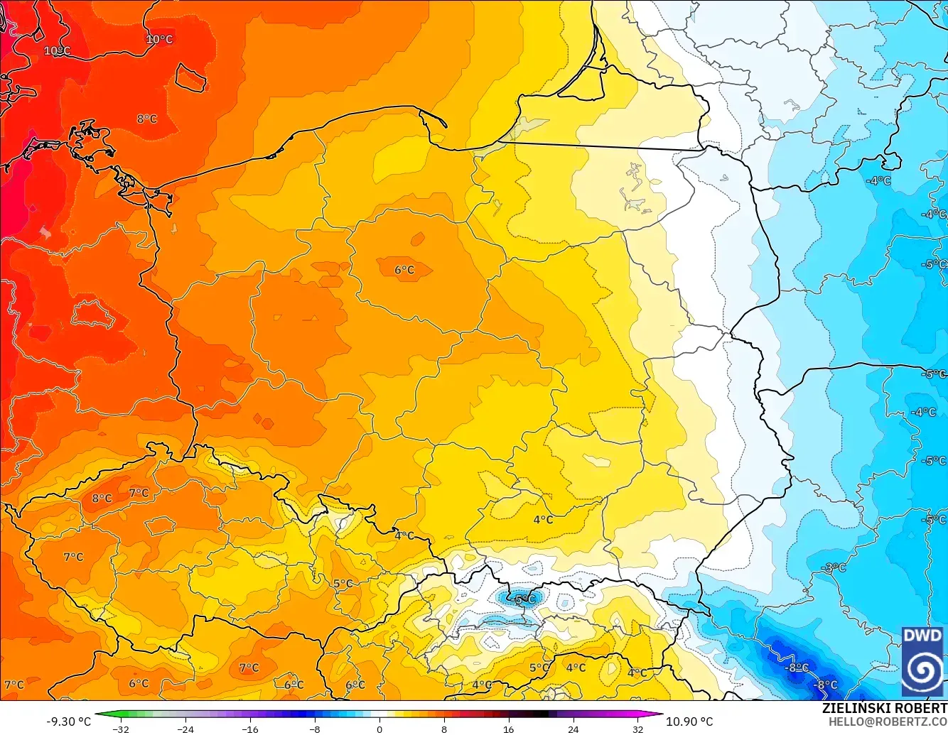 ICON modelo - Polonia, Anomalía de temperatura a 850 hPa