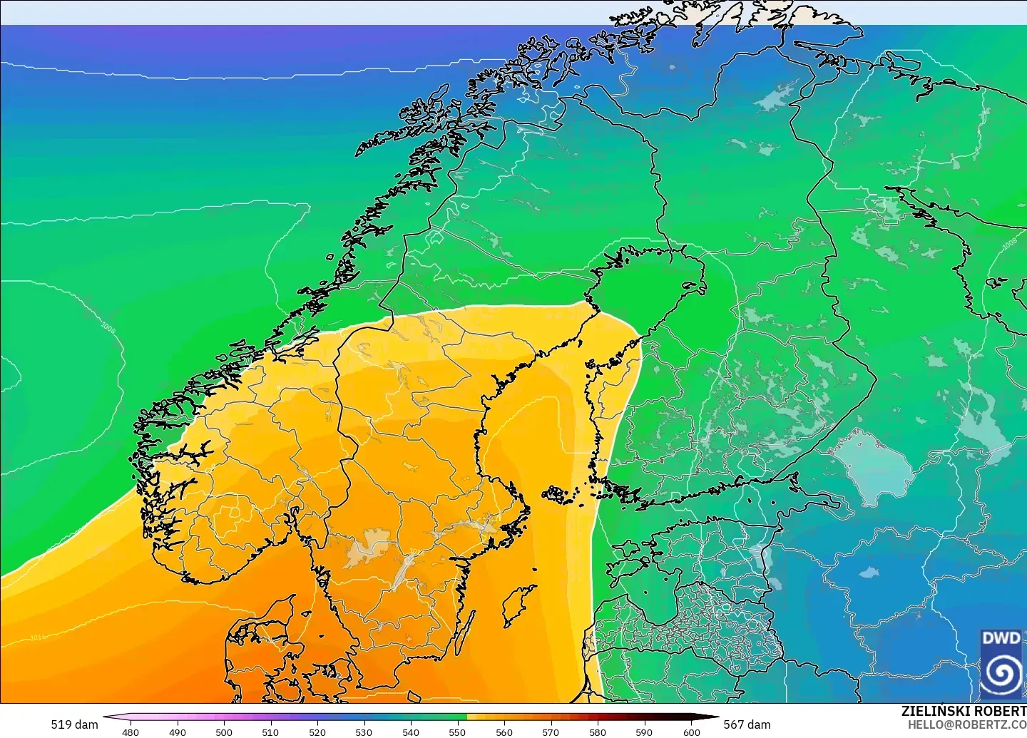 ICON modelo - Escandinavia, Altura geopotencial a 500 hPa