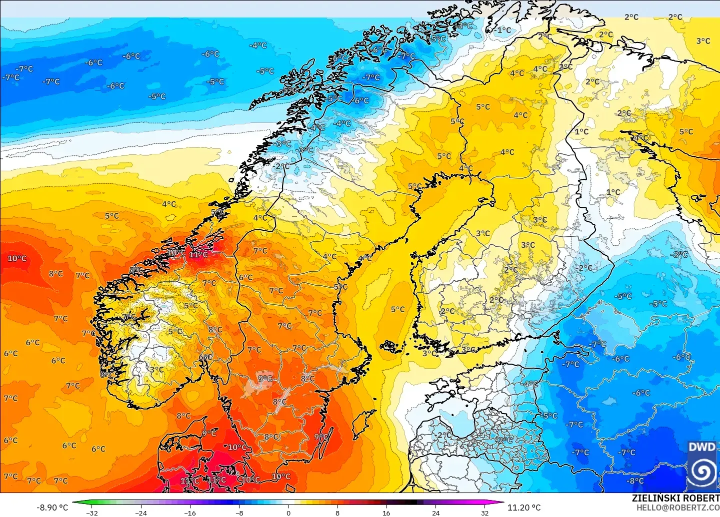 ICON modelo - Escandinavia, Anomalía de temperatura a 850 hPa
