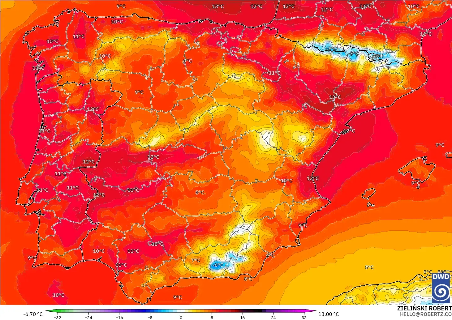 ICON modelo - España, Anomalía de temperatura a 850 hPa