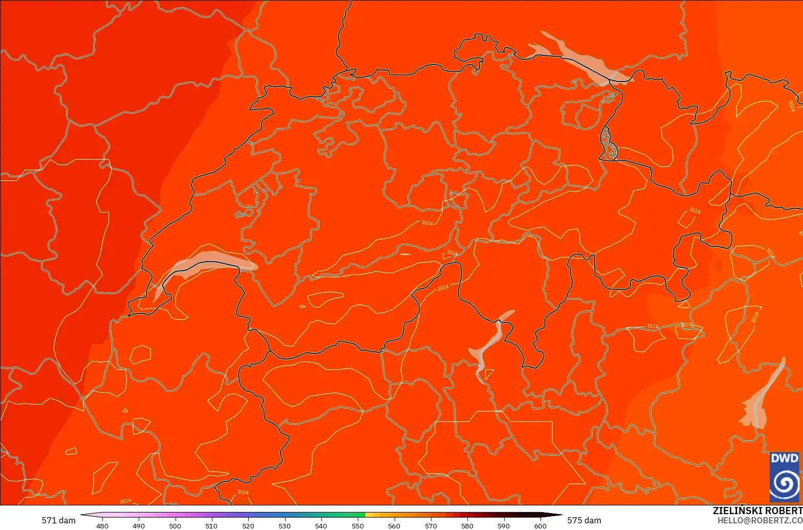 ICON modelo - Suiza, Altura geopotencial a 500 hPa