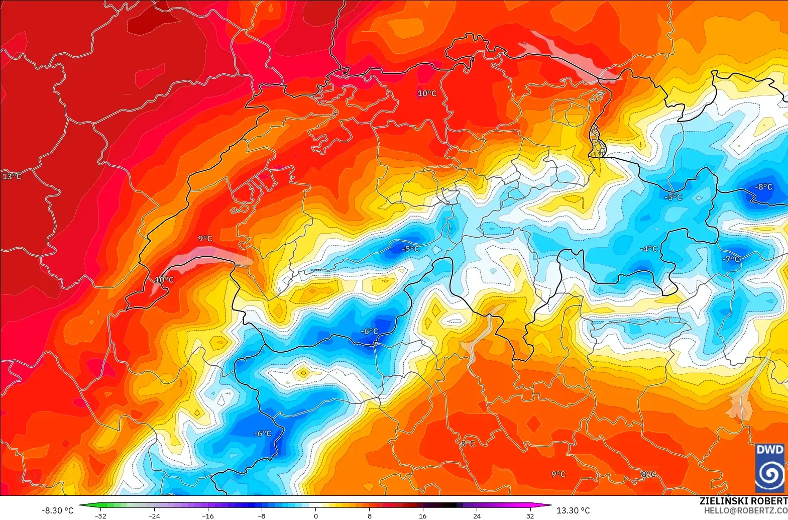 ICON modelo - Suiza, Anomalía de temperatura a 850 hPa