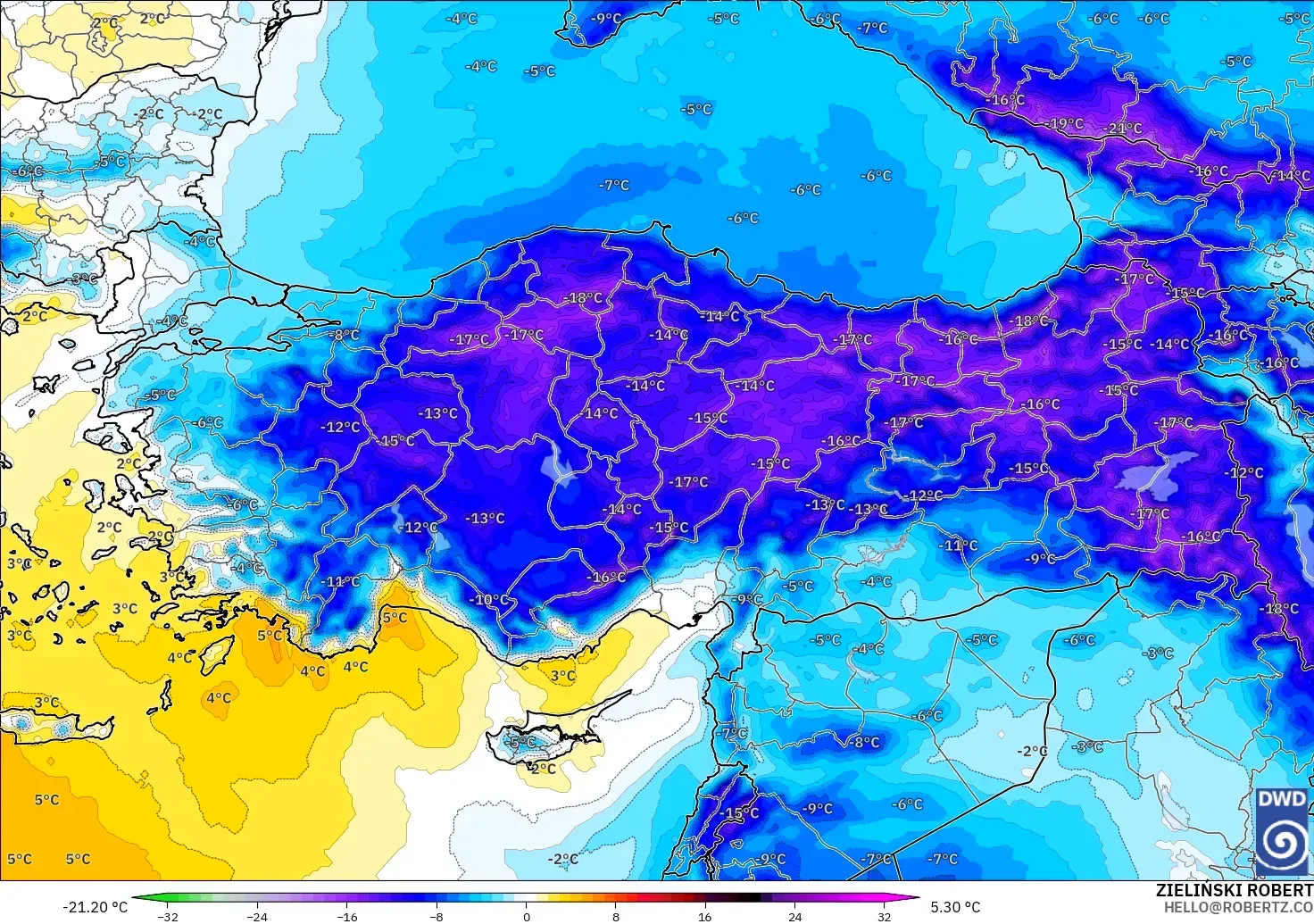 ICON modelo - Turquía, Anomalía de temperatura a 850 hPa