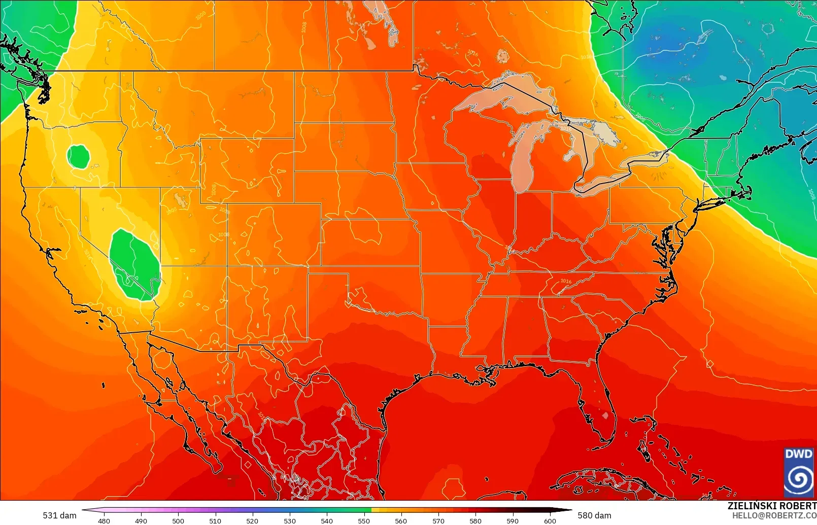 ICON modelo - Estados Unidos, Altura geopotencial a 500 hPa